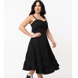 Unique Vintage Black Cowgirl Fringe Dress Medium M